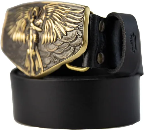 Vista 2 de Leather belt with larger size Archangel Michael belt buckle, Warrior and God's people protector Handmade San Miguel accessory