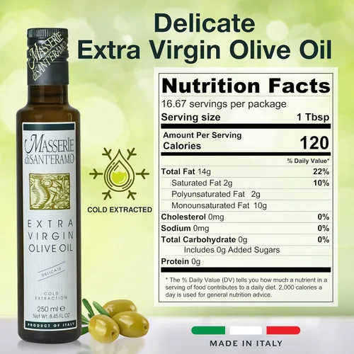 Vista 2 de Delicado aceite de oliva virgen extra italiano prensado en frío, aceite de oliva ligero para cocinar y freír, importado de Italia, 8.45 onzas