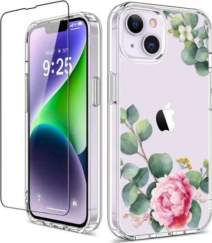 Vista 15 de Funda para iPhone 14 Pro con protector de pantalla, 6.1 pulgadas, transparente de cuerpo completo, a prueba de golpes, diseño floral, para niñas