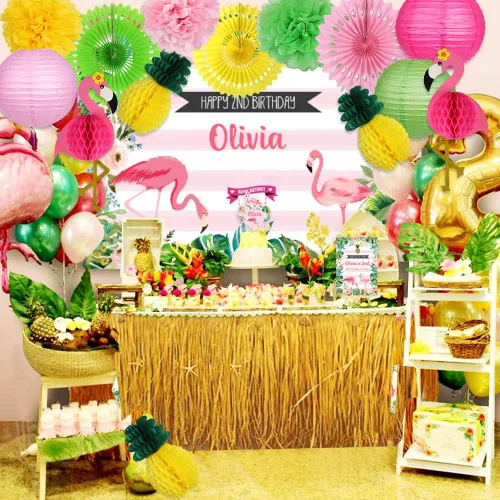 Vista 6 de YUNXUAN Suministros de fiesta de flamenco, decoraciones de fiesta hawaiana de flamenco y piña, bolas de panal, faroles de papel, abanicos de papel