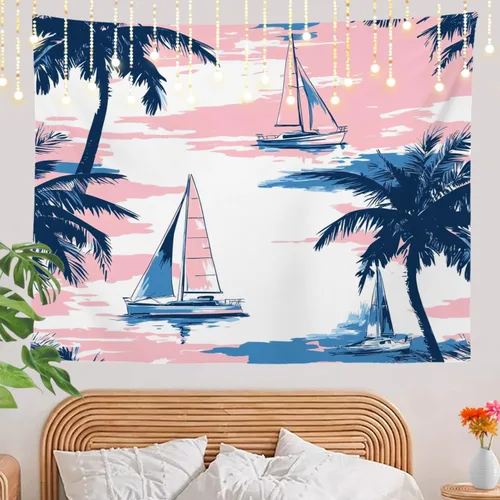 Vista 7 de Shrahala Beach Vacation Seaside Relaxation Tapestry, Nautical Summer Getaway Wall Hanging Hd Print Polyester Backdrop For Dorm Room Bedroom 30 X 40
