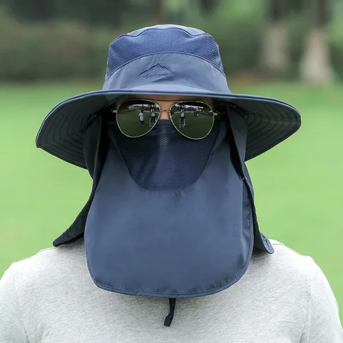 Vista 3 de Sombrero de pesca para hombres y mujeres, sombrero de ala ancha con solapa desmontable para el cuello y cubierta facial