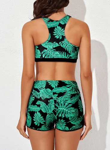Vista 4 de Aleumdr Traje de baño deportivo de 3 piezas para mujer con pantalones cortos, camiseta sin mangas con brasier deportivo y pantalones cortos