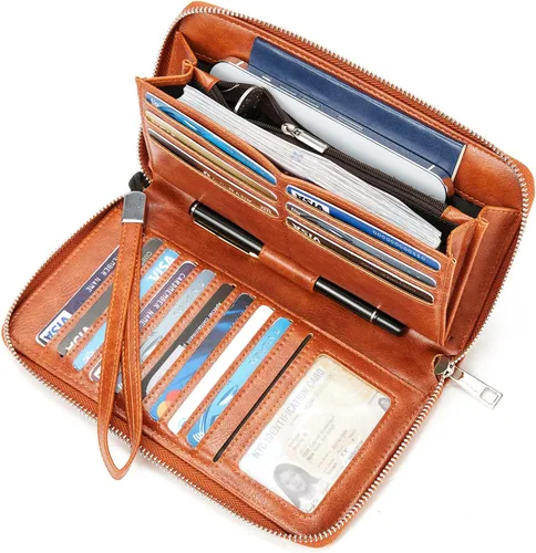 Vista 2 de BROMEN Cartera de cuero grande para mujer, soporte para teléfono con cremallera alrededor del bolso