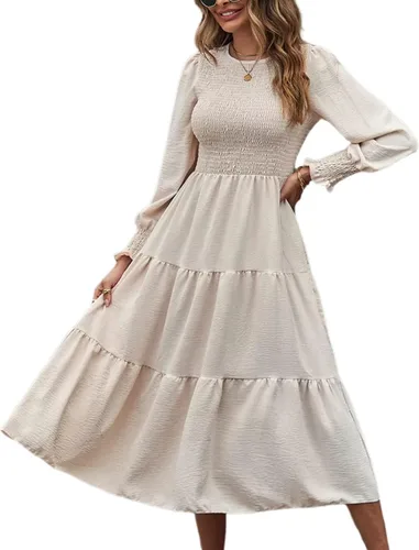 Vista 5 de SEBOWEL Vestido largo de manga larga con cuello redondo para mujer, con volantes escalonados, acampanado, vestido fluido para fiesta de cóctel