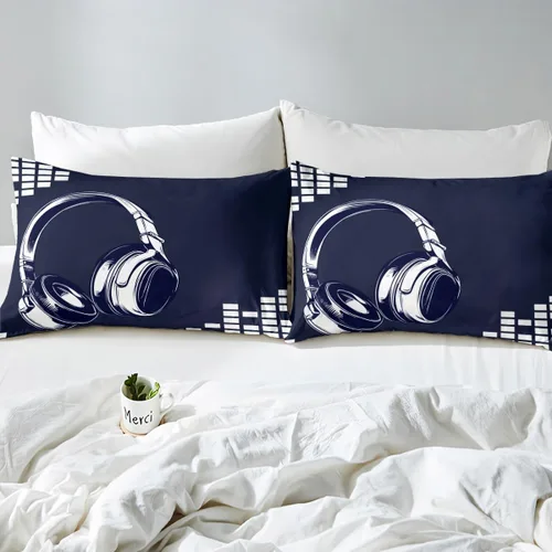 Vista 7 de Feelyou - Funda de edredón con estampado de auriculares, juego de ropa de cama con temática musical, patrón geométrico musical, funda de edredón