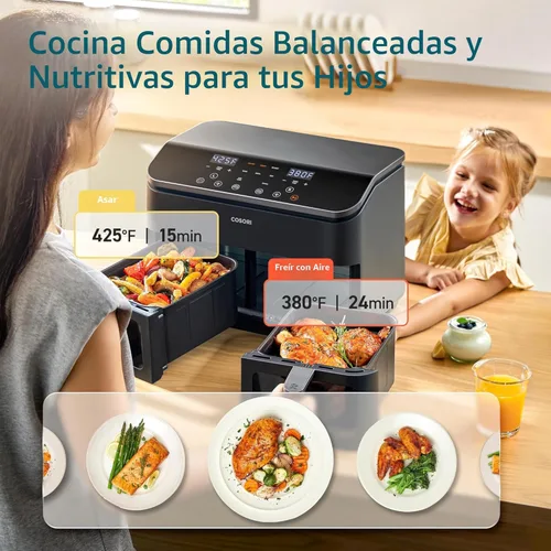 Vista 2 de COSORI Freidora de aire dual de 9 cuartos de galón – 10 en 1, comidas frescas equilibradas para la familia y los niños con canastas dobles