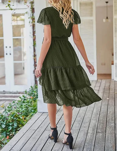 Vista 3 de SDEER - Vestido de gasa con mangas con volantes y lunares para mujer, vestido de verano cruzado con cuello en V y volantes laterales, vestido midi