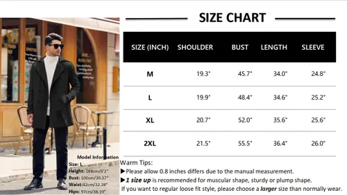 Vista 4 de Gafeng Gabardina de doble botonadura para hombre, solapa con muescas, casual, ajustado, largo cortavientos