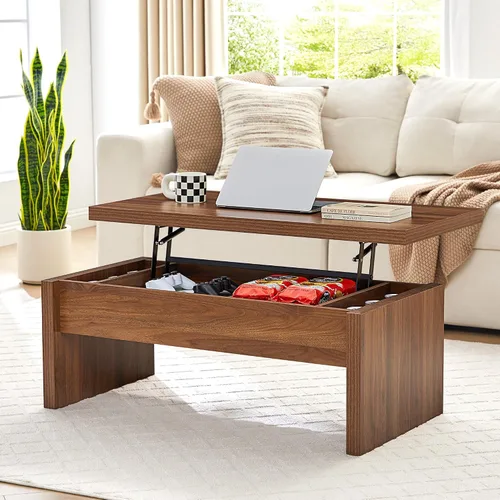 Vista 14 de Mesa de Centro Pequeña con Tapa Elevable, Mesa de Centro Rectangular de Madera con Tapa Elevable y Compartimento de Almacenamiento Oculto, Mesas
