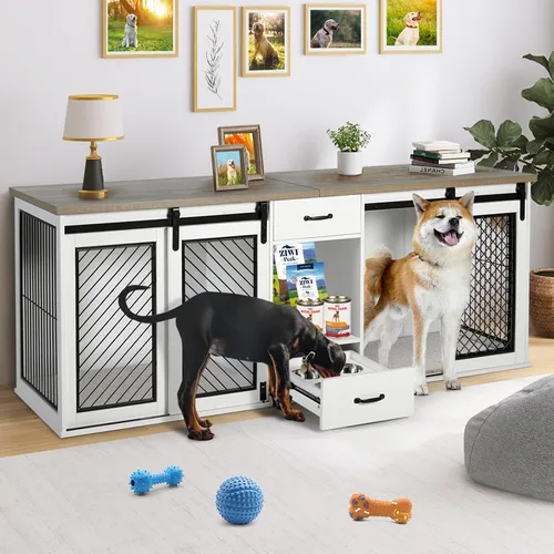 Vista 6 de Mueble de jaula para perros extra grandes, puerta corredera de 85 pulgadas, doble perrera para 2 perros grandes divididos, muebles de madera