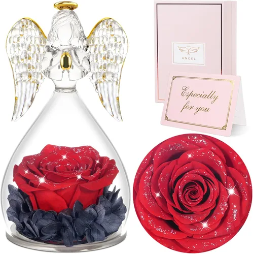 Vista 9 de Sunia Regalos para mamá, regalos de cumpleaños para mujeres, rosas reales preservadas en figura de ángel de cristal, flores eternas para la entrega