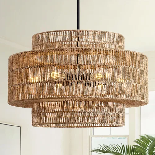 Vista 13 de 12.4” Candelabro de ratán boho, 1 luz, lámpara colgante tejida a mano, lámpara colgante rústica de estilo granja para isla de cocina, recámara