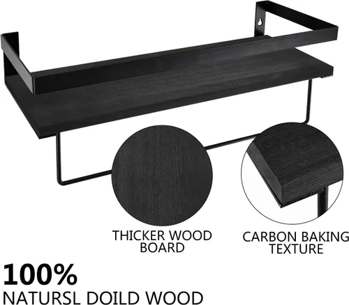 Vista 7 de Y&ME YM Estantes flotantes negros con toallero, juego de 2 estantes de baño para colgar en la pared, estantes decorativos flotantes de madera