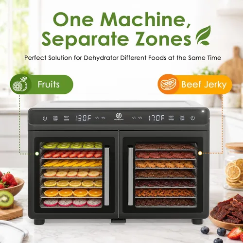 Vista 10 de HOPERAN Dual Zone Food Dehydrator, 16 Stainless Steel Trays, 1200W, Silver