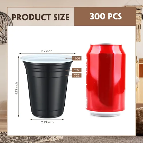Vista 2 de Zopeal 300 vasos de plástico negros de 12 onzas, vasos desechables negros con líneas de relleno, vasos de plástico reutilizables para bebidas
