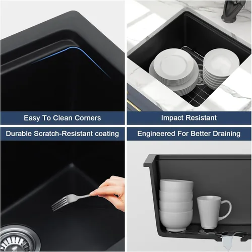 Vista 7 de Lordear Fregadero de Bar Empotrado de Granito Compuesto de 18 Pulgadas 18"x18" Fregaderos de Cocina de Cuarzo Compuesto Negro de Un Solo Tazón Bajo