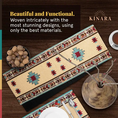 Vista 3 de Kinara Carrizo Camino de mesa – Diseño nativo americano del suroeste – Patrón hermoso y único – Tejido fino de 12.25 x 72 pulgadas.