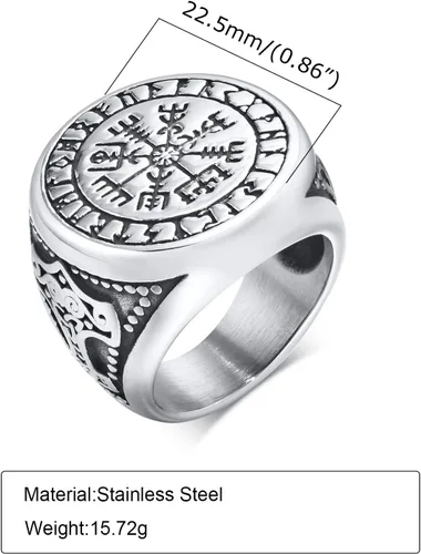 Vista 6 de VNOX Anillos vikingos para hombre, acero inoxidable, martillo de Thor, vikingo, vegvisir, pirata, brújula, anillos de joyería gótica, regalos