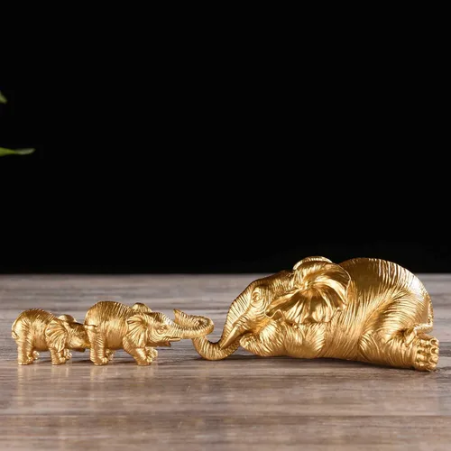 Vista 6 de BRASSTAR Figuras de elefante de resina para niñera, elefante, madres, colgantes, dos bebés, estatua dorada, hogar, oficina, tienda, decoración