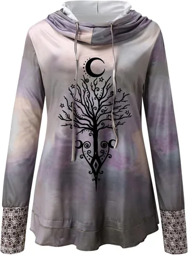 Vista 3 de Lovor Sudadera gótica con capucha de Navidad para mujer, talla extragrande, con cordón, cuello vuelto, estampado de sol, luna, camiseta ajustada