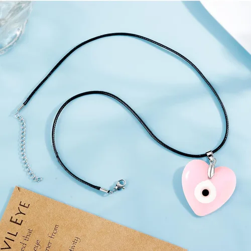 Vista 2 de Long tiantian - Collar de ojo turco de vidrio para el mal de ojo, con cuerda de cuero para mujeres y hombres, protege la suerte, color azul