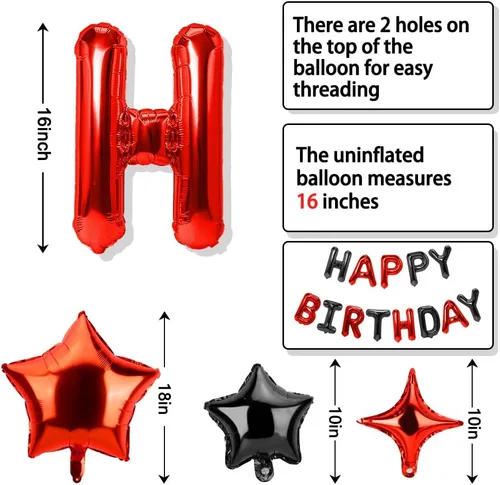 Vista 3 de Cartel de feliz cumpleaños – 13 globos negros y rojos, globo de letras de aluminio de 16 pulgadas con 12 globos de estrella para suministros