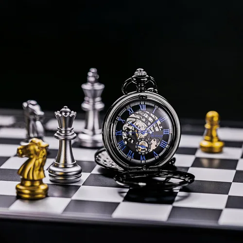 Vista 6 de Reloj de bolsillo para hombre y mujer con esfera de números romanos y doble cubierta de Treweto Negro