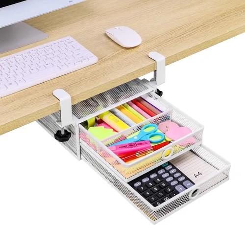 Vista 10 de ROSYLINE Organizador de cajones para debajo del escritorio y escritorio, organizador de cajones deslizantes de metal de 2 niveles, almacenamiento