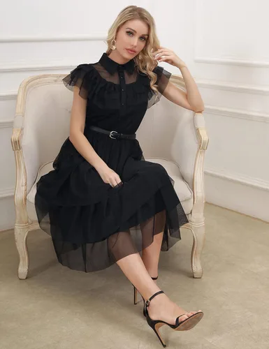 Vista 6 de Aphratti - Vestido casual de manga corta para mujer con cuello de Peter Pan