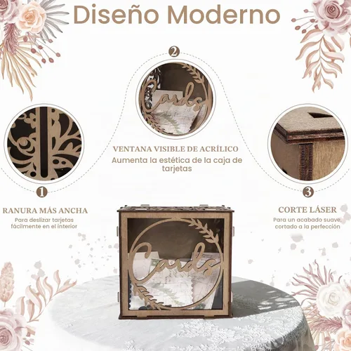 Vista 4 de OurWarm Caja de Tarjetas de Boda para Recepción, Cajas de Tarjetas de Boda de Madera con Ventana, Caja de Tarjetas de Regalo de Dinero con Sobre