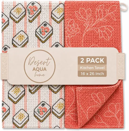 Vista 10 de Paquete de 2 Paños de cocina de doble cara Microfibra de tejido gofre Altamente absorbente Lazo para colgar Paños de cocina 2 cuadros
