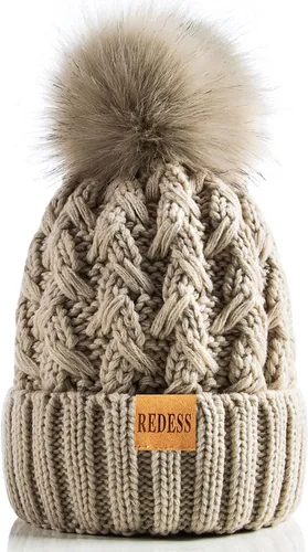 Vista 2 de REDESS Gorro de invierno con pompón para mujer, con forro polar, gorro grueso y holgado de punto cruzado para mujer