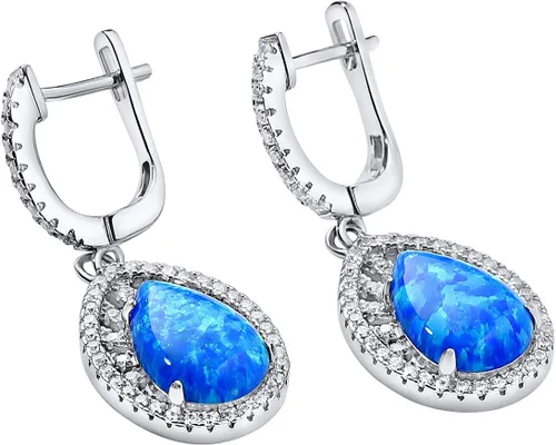 Vista 4 de Peora Aretes de ópalo de fuego azul de 3 quilates en plata de ley, diseño vintage de lágrima, forma de pera hipoalergénica, 0.472 x 0.315 in, clip