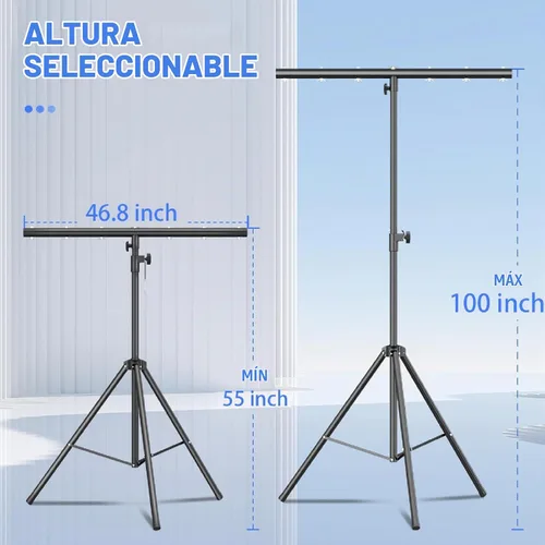 Vista 3 de Soporte de luces de DJ con barra redonda en T, trípode resistente Par Can para 7 luces, soporte de luz de escenario, altura ajustable de 41 a 95