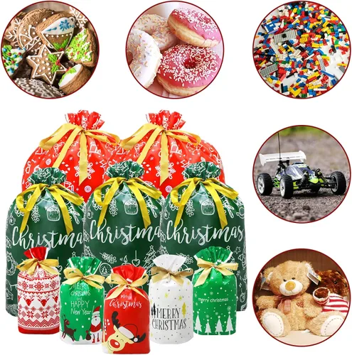 Vista 4 de ZMCINER 38 PCS bolsas de regalo de Navidad con cordón de varios tamaños, bolsas de Navidad con cordón para regalos de Navidad, regalos