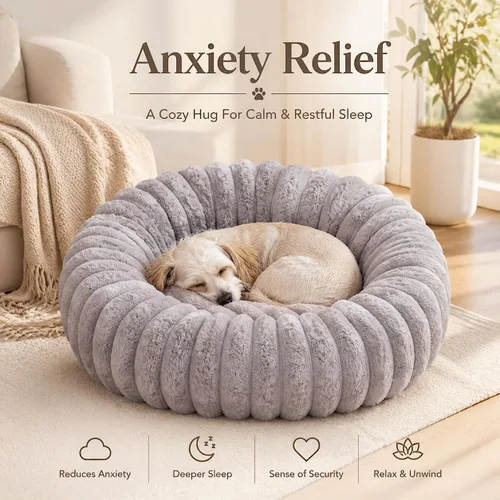 Vista 5 de Cama calmante para perros pequeños, cama lavable en forma de dona Gris