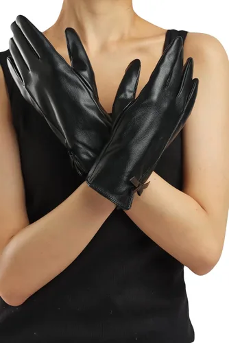 Vista 6 de Sahabowi Guantes de cuero para clima frío Manopla de lana cálida de invierno para mujeres