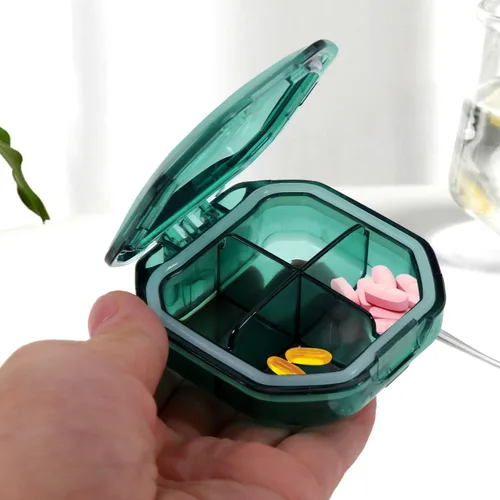 Vista 5 de iplusmile Estuche portátil para medicina, 4 compartimentos, organizador de píldoras compacto para viajes, uso diario, vitaminas, suplementos, caja