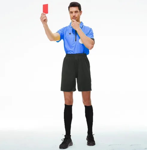 Vista 6 de VKT Kit de árbitro de fútbol, camiseta de árbitro de fútbol, pantalones cortos, calcetines de referencia, silbato, tarjeta roja y amarilla