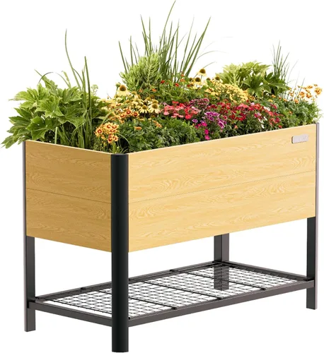 Vista 10 de Cama de jardín elevada con ruedas, macetas elevadas de grano de madera de metal de 2 x 4 pies con patas y estante de almacenamiento para patio