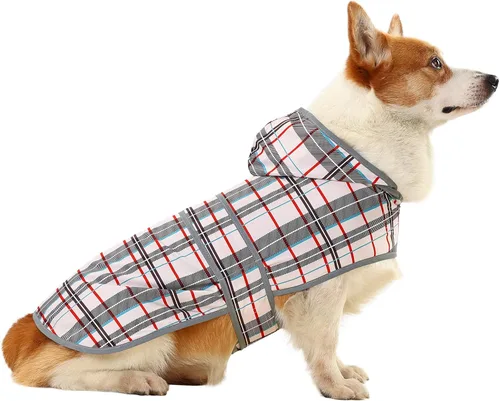 Vista 21 de Impermeable para perros pequeños y cachorros, chaqueta impermeable con capucha con tiras reflectantes, agujero para la correa y poncho de ajuste