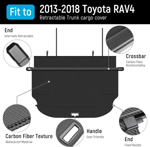 Vista 3 de Funda de carga compatible con Toyota RAV4 2018 2017 2016 2015 2014 2013 Accesorios de fibra de carbono textura retráctil maletero cubierta