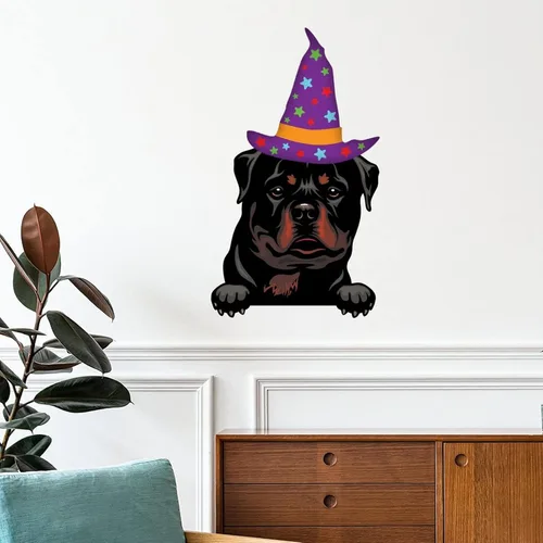 Vista 15 de Calcomanías de pared de Halloween con diseño de brujas, calcomanías de feliz Halloween, calcomanías de bienvenida para perro pug, decoración