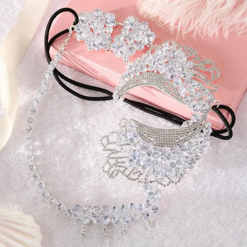 Vista 2 de STONEFANS Máscara de mascarada para mujer, máscara de Mardi Gras veneciana plateada con diamantes de imitación, disfraz de mascarada para mujer
