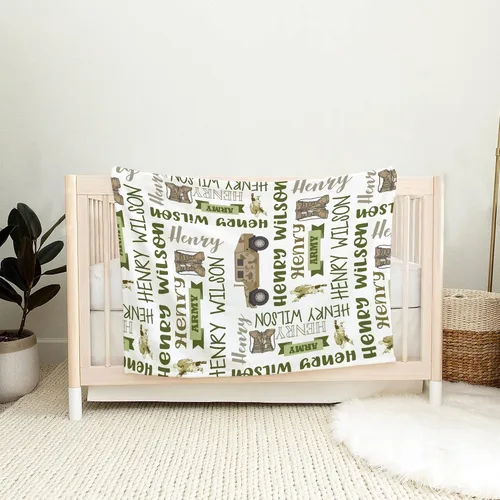 Vista 8 de Manta de bebé del ejército personalizada, colcha militar de camuflaje para bebé, ropa de cama temática de equipo táctico de felpa suave, recuerdo