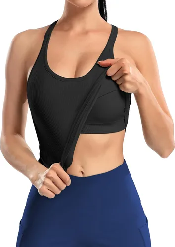 Vista 80 de ATTRACO Camiseta corta acanalada de entrenamiento para mujer con brasier integrado para yoga, espalda cruzada, ajuste ajustado