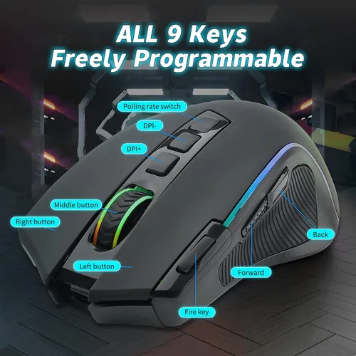 Vista 4 de Mouse inalámbrico para juegos, sensor óptico de 8000 DPI, retroiluminación RGB, botones programables MMO 9, con botones laterales de grabación