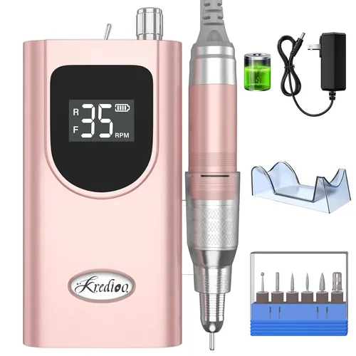 Vista 11 de Kredioo Taladro de uñas eléctrico profesional de 35000 rpm, máquina Efile portátil recargable, kit de 6 puntas para quitar uñas de gel acrílico, Gris