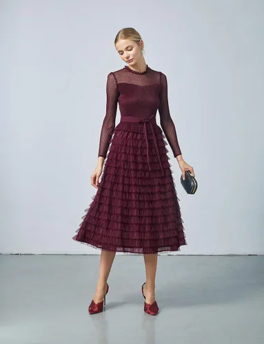 Vista 4 de Women's Long Sleeve Mesh Layered Chiffon Midi Dresses for Wedding Guest, Cocktail, Prom, Evening Party